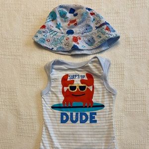 3 mos boys summer crab onesie with matching sun hat
